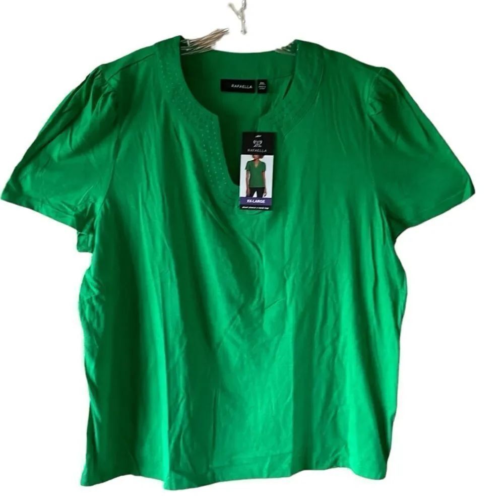 NEW Rafaella Short Sleeve Green V Neck Top - Picture 2 of 6
